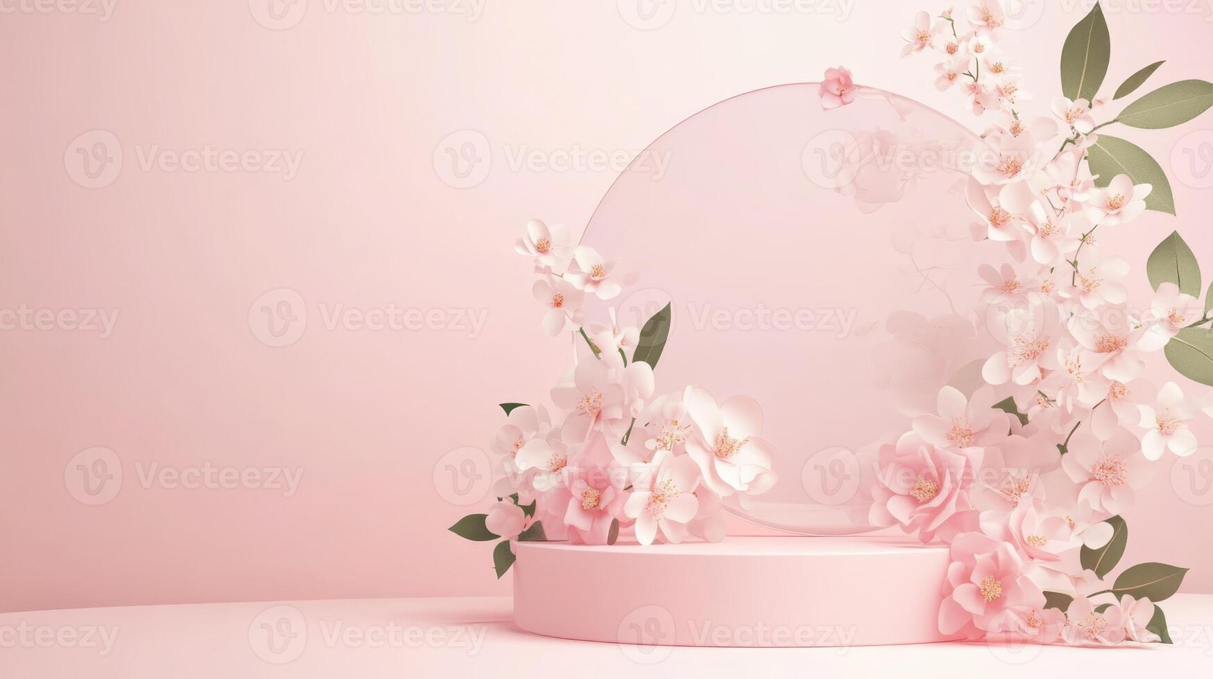 Elegant floral arrangement with delicate blossoms and a circular display backdrop on a soft pink surface photo