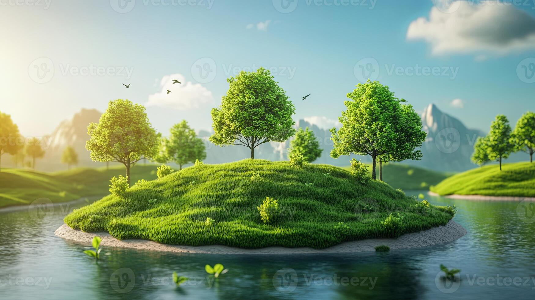 Lush green island surrounded by tranquil water in a serene landscape with gentle hills and distant mountains at sunrise photo