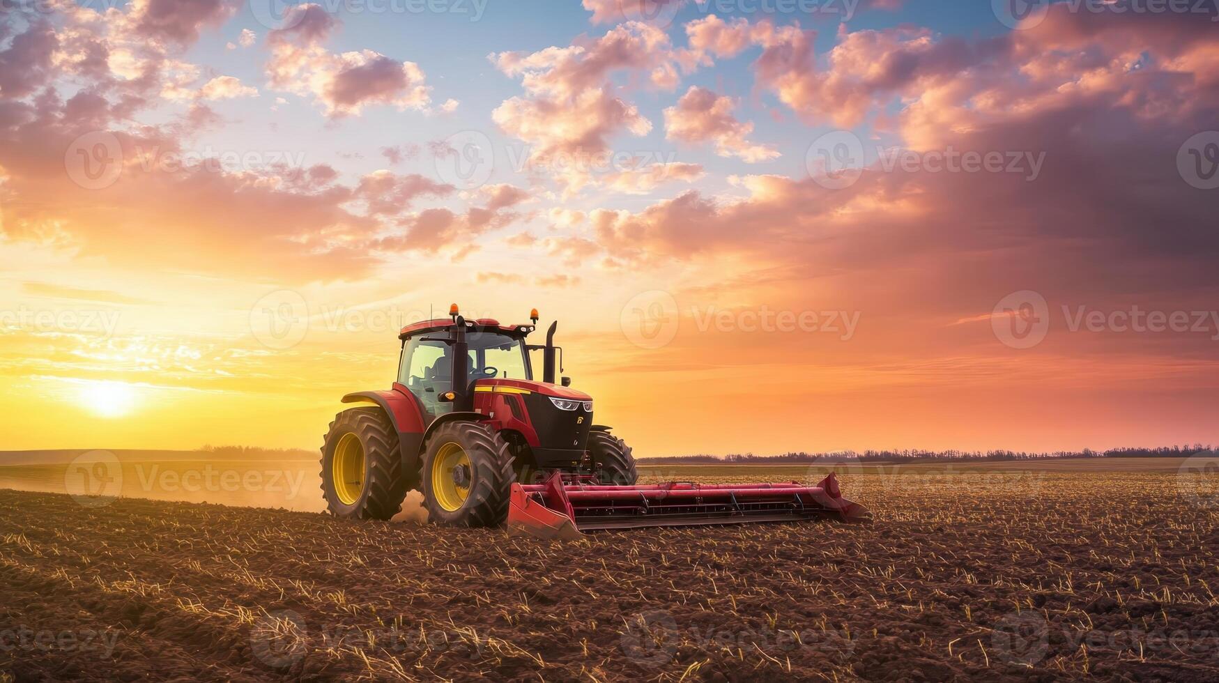 A tractor diligently plows through a vast field as the sun sets, casting warm hues across the sky filled with vibrant clouds on this lovely evening photo