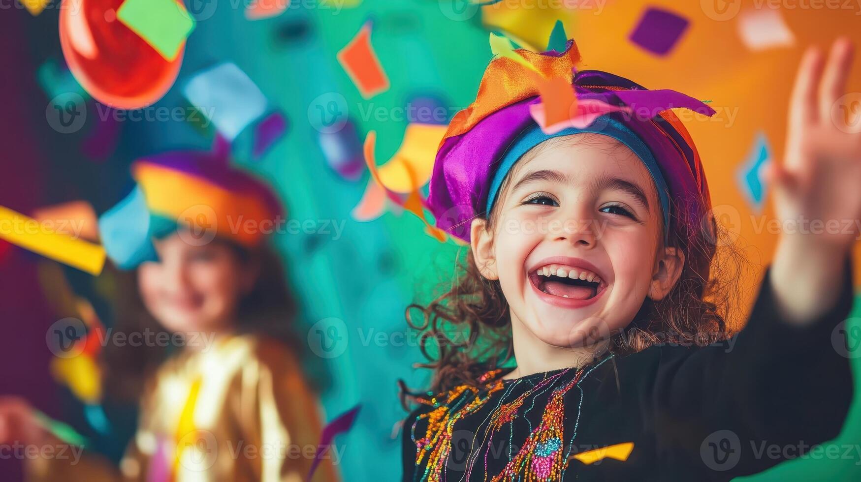 Children celebrate with joyful expressions and colorful confetti during a festive gathering in a vibrant setting, creating a lively and enchanting atmosphere photo