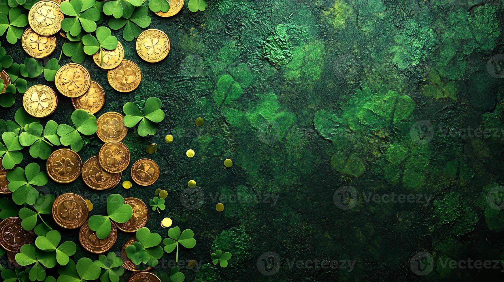 Coins and green clovers positioned on a textured emerald background evoke a festive atmosphere for celebrations and lucky occasions photo