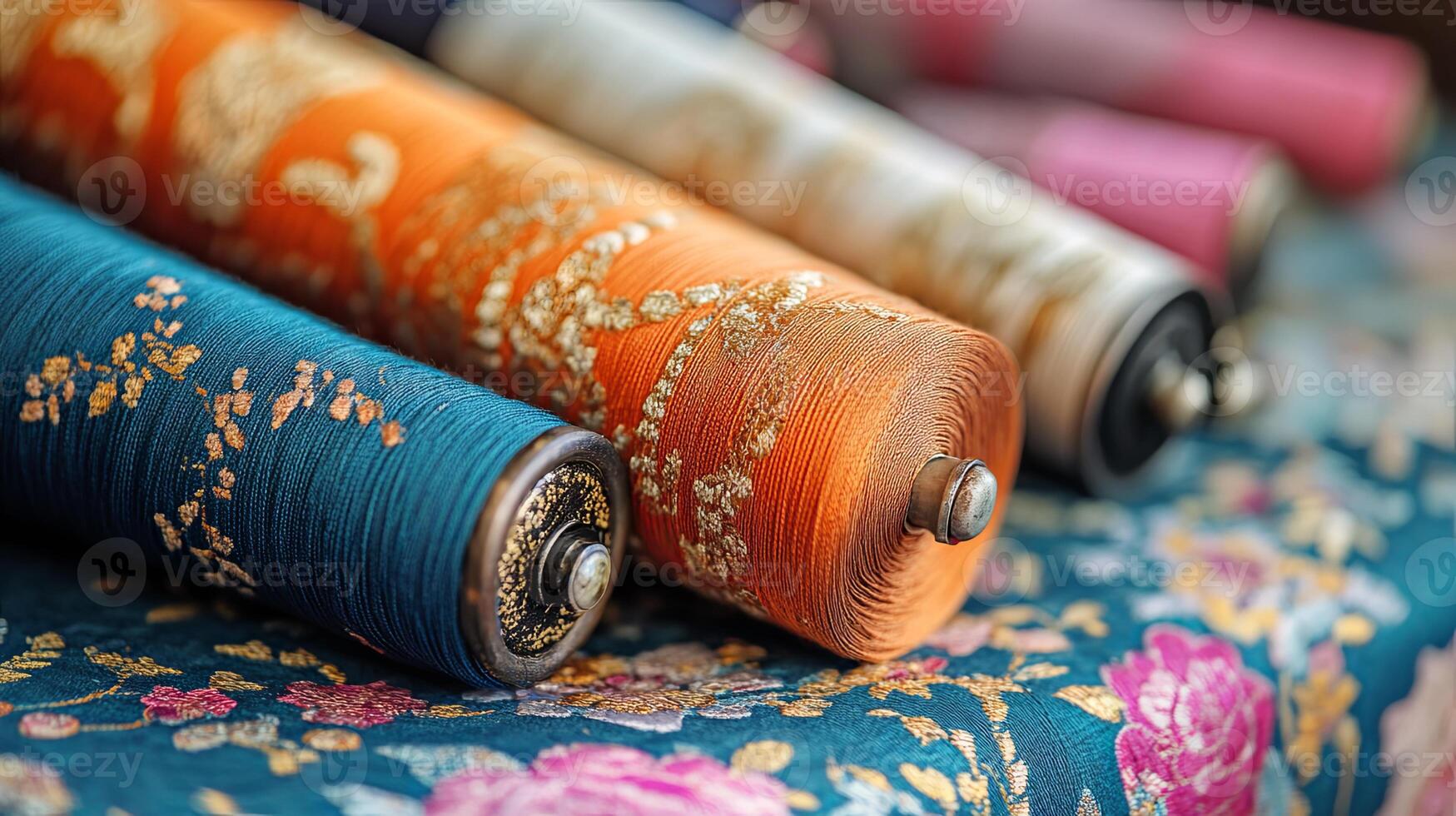 Colorful spools of thread on an ornate fabric during a meticulous sewing project in a creative workspace photo