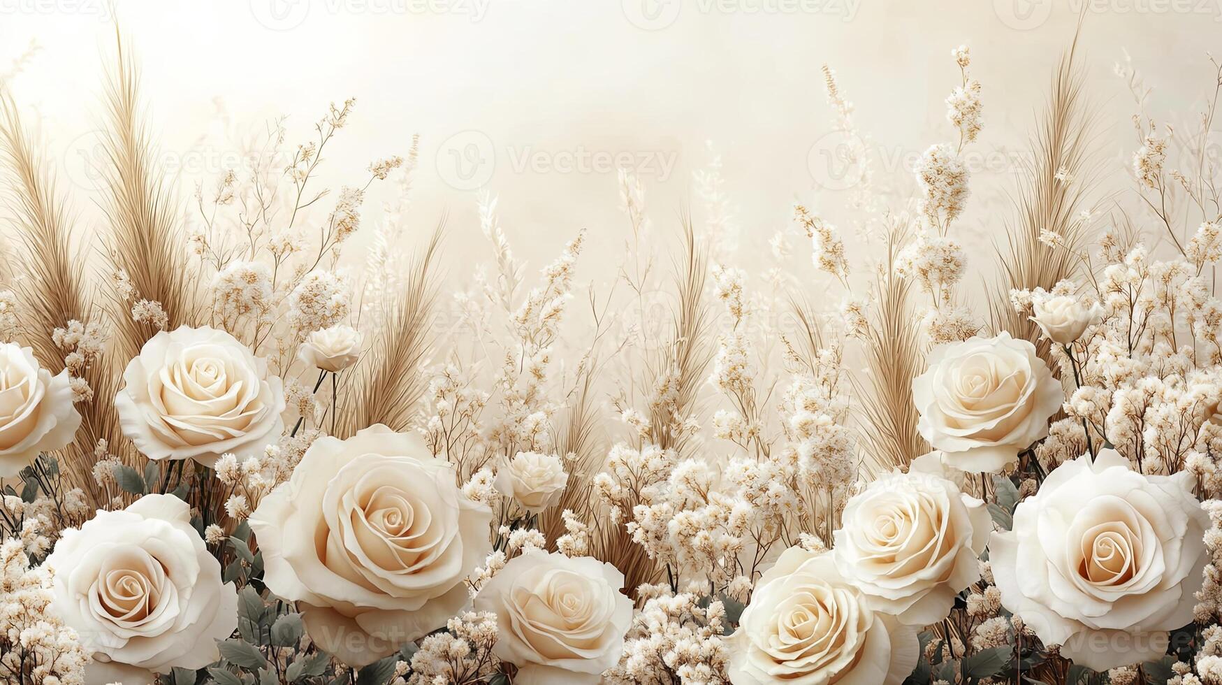 Luxurious beige and brown trendy design banner frame featuring pastel pampas grass and flowers for elegant wedding decoration photo