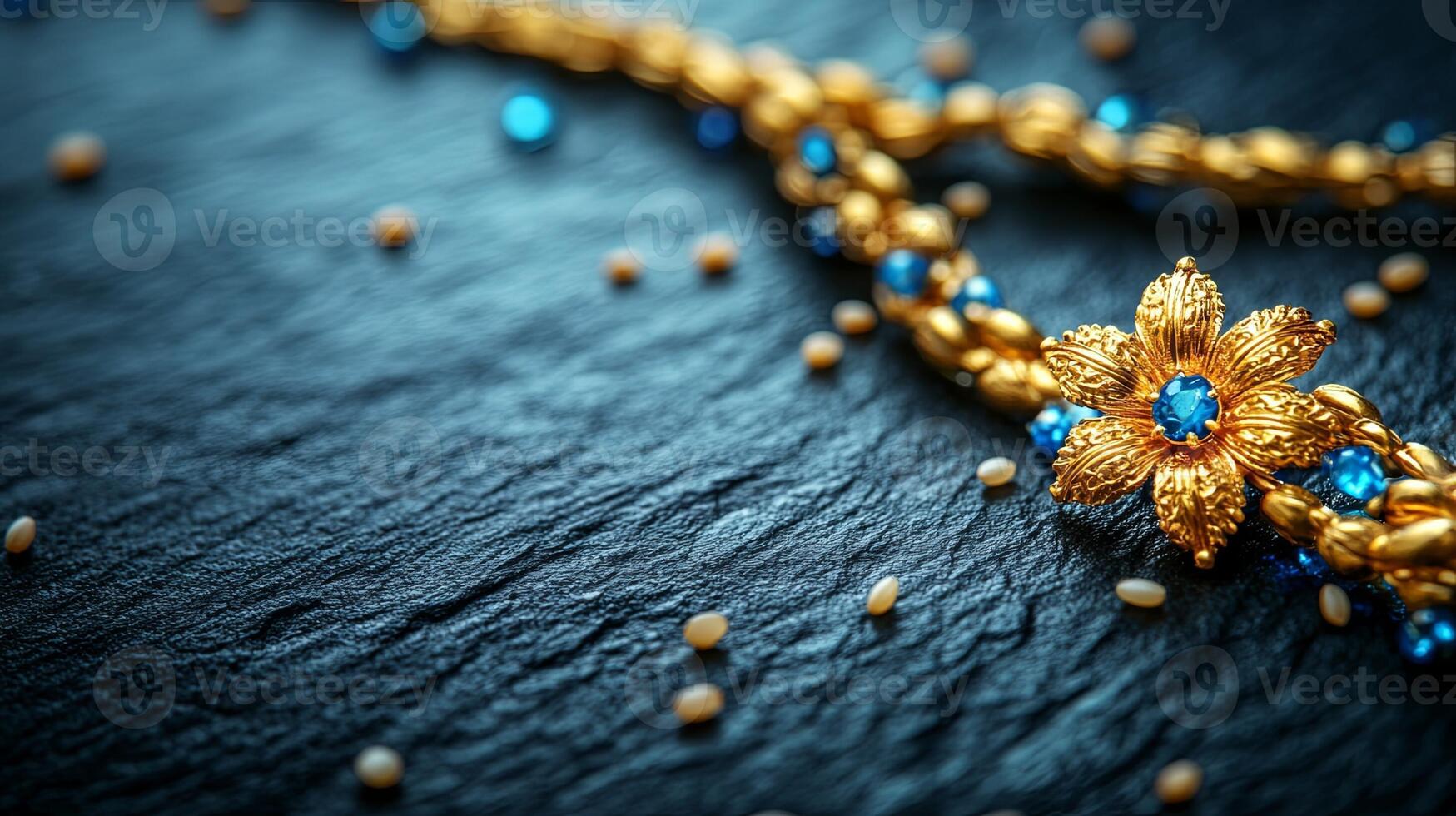 Elegant Rakhi adorned with a floral design resting on dark textured background with scattered rice grains for Raksha Bandhan celebration photo