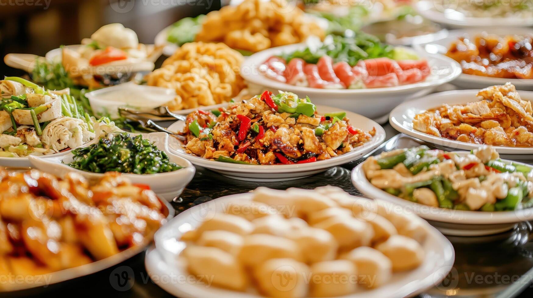 Diverse array of colorful dishes displayed on tables at a bustling buffet during a festive gathering in an inviting restaurant setting photo