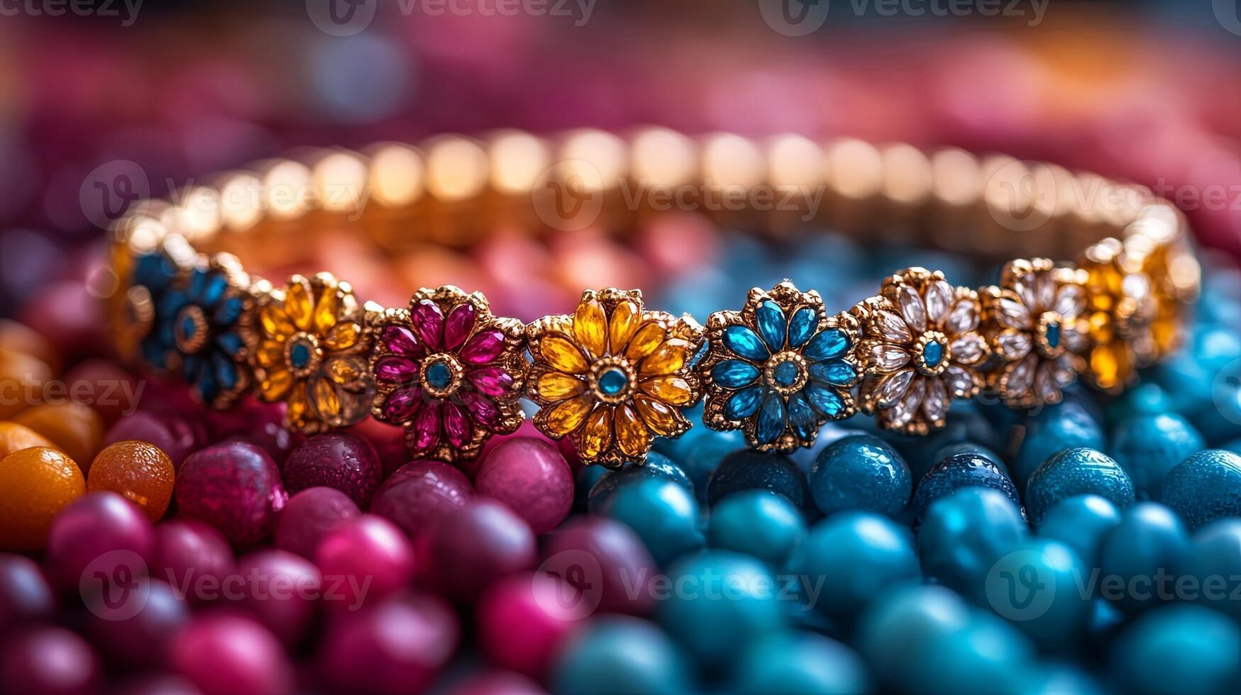 Festive rakhi adorned with colorful floral designs placed on vibrant colorful beads during the celebration of Raksha Bandhan festival in India photo