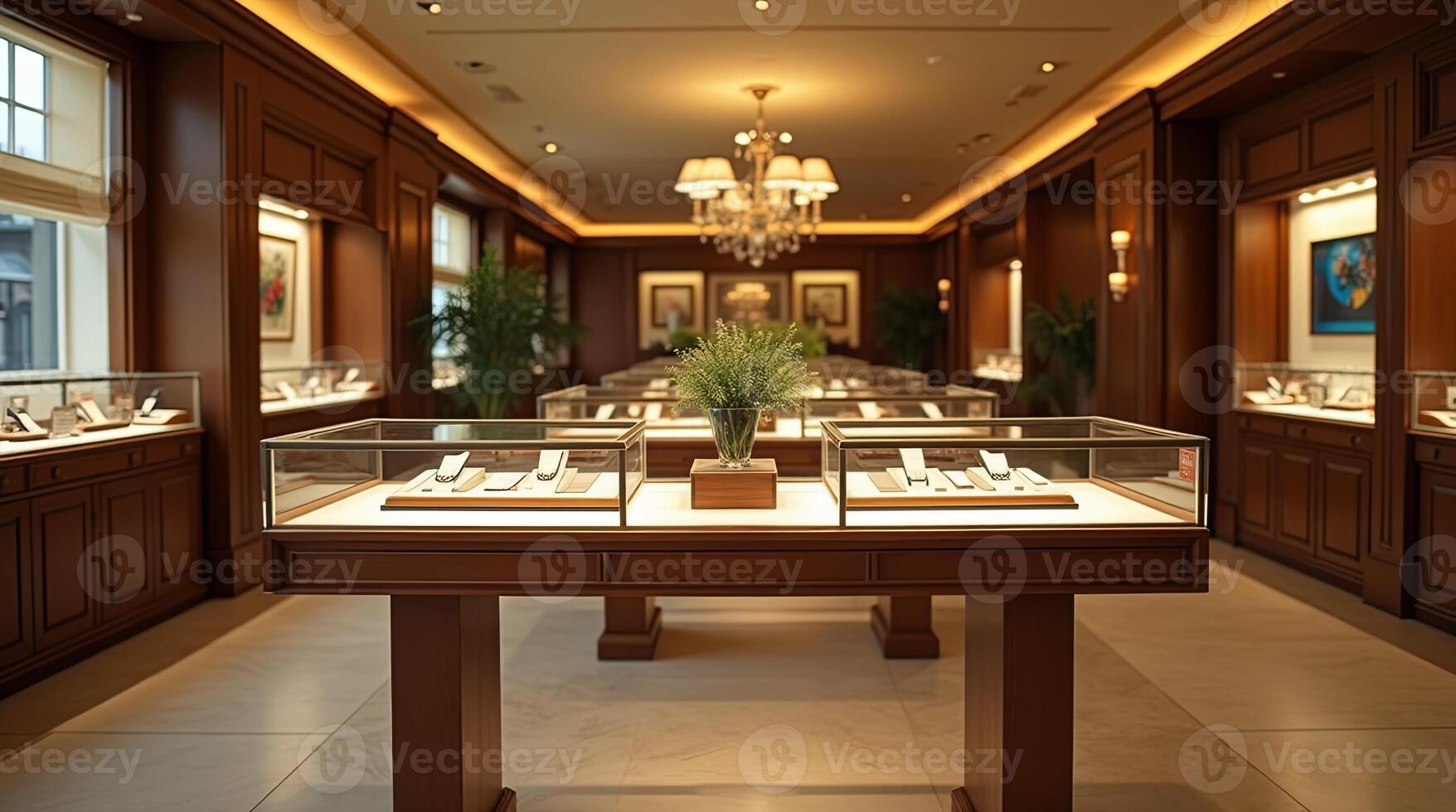 Elegant jewelry store interior featuring display cases with stunning accessories and a warm ambiance in a luxurious setting photo