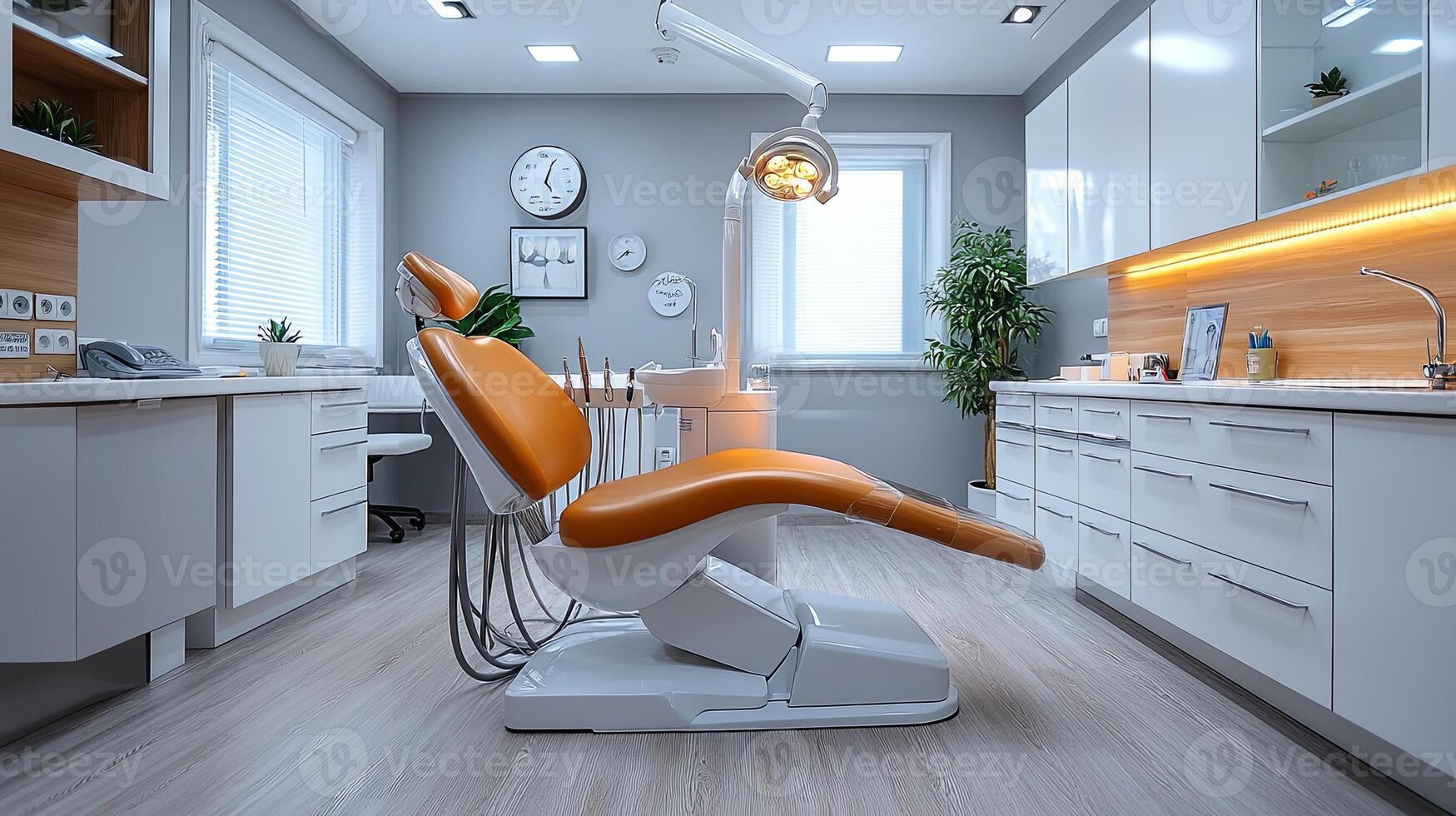 Modern dentist office design featuring comfortable dental chair and organized treatment space with natural light photo