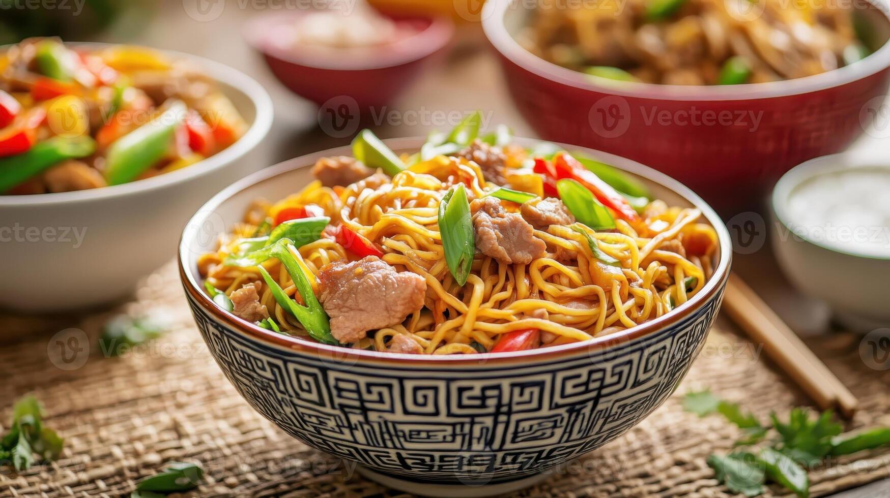 Delicious stir-fried noodles served with colorful vegetables and tender meat in a cozy dining setting photo