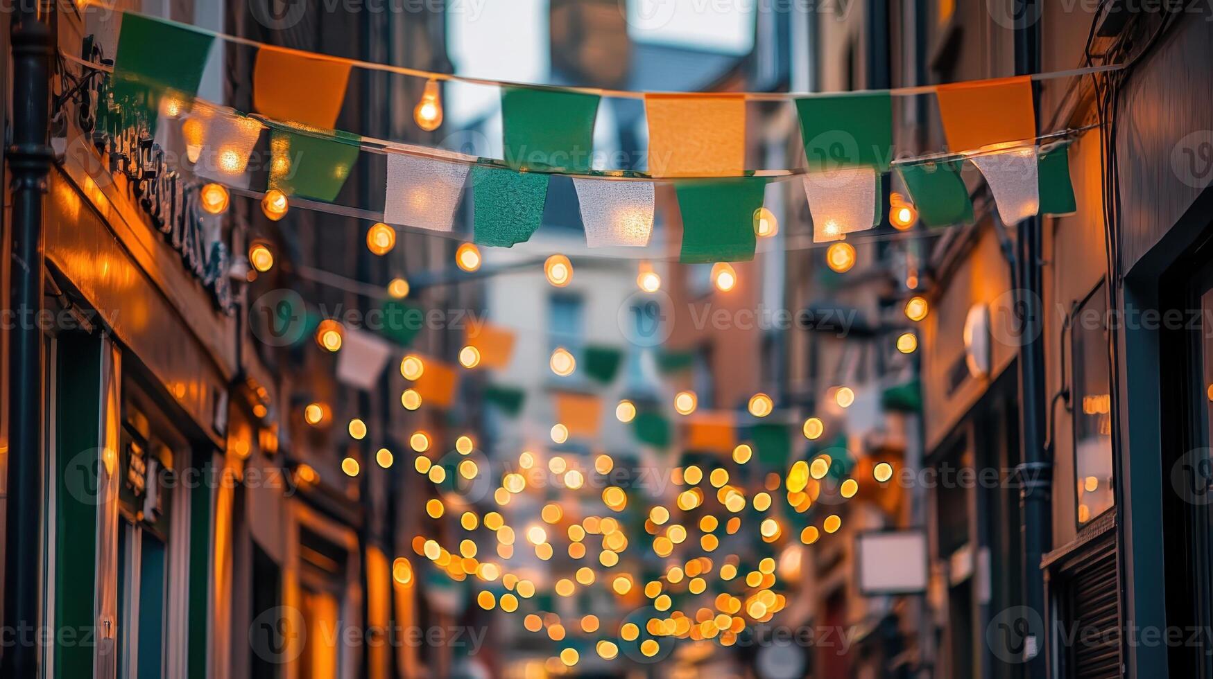 Colorful string lights and festive flags create a lively atmosphere in a narrow street during a celebration in the evening photo