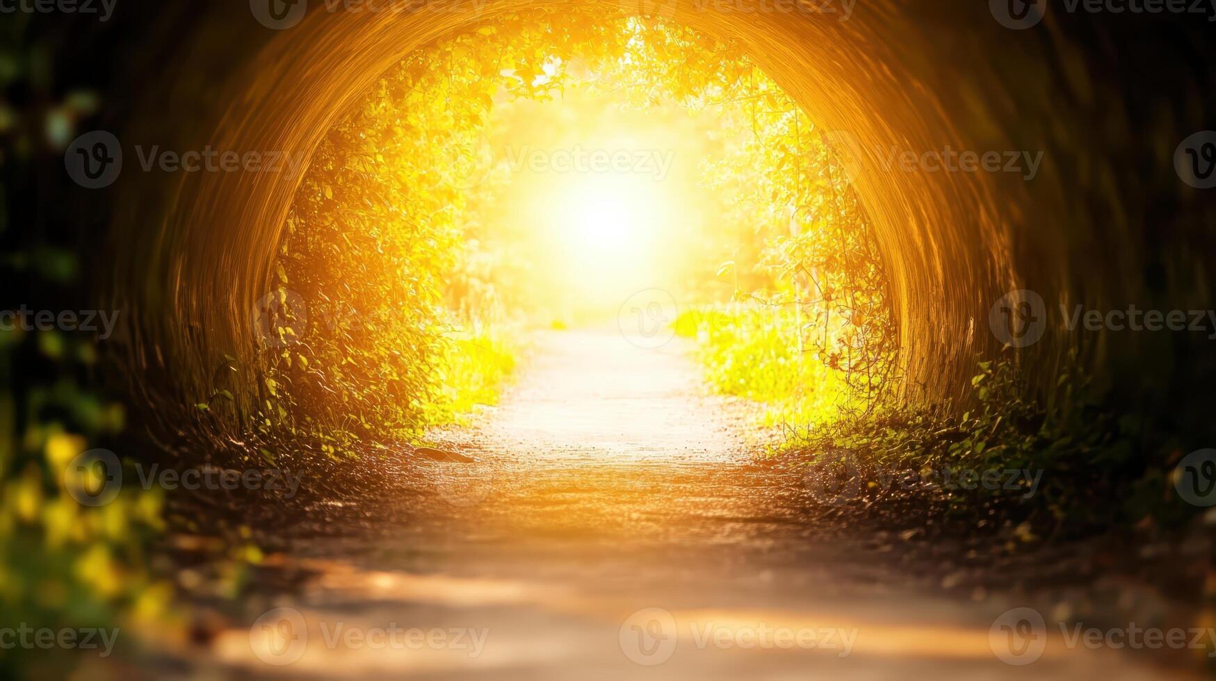Sunlight streaming through a tree-lined tunnel illuminating a serene pathway in a tranquil forest setting photo