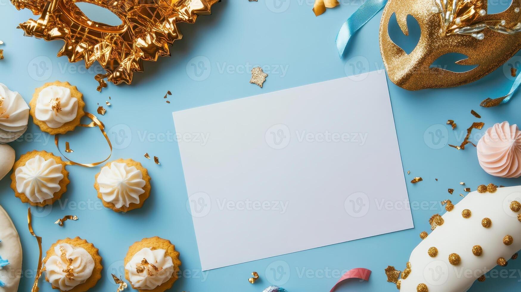 Festive celebration setup featuring colorful treats, decorative masks, and a blank card in a cheerful arrangement on a blue background photo