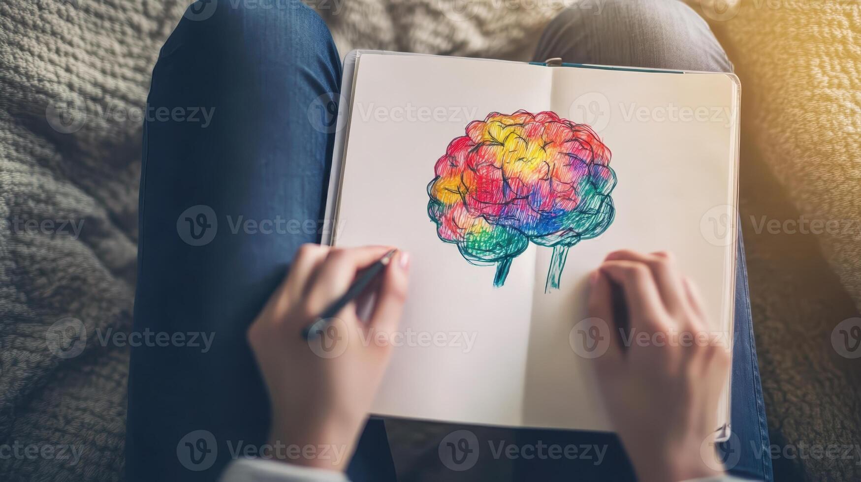 Creative expression through colorful brain sketching on a cozy blanket in a well-lit room during a serene afternoon photo