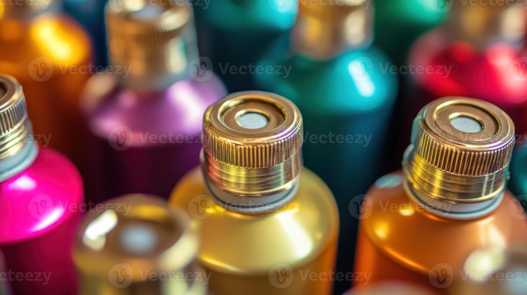 Brightly colored bottles of paint arranged closely together create a vibrant display in an arts and crafts studio during daytime photo