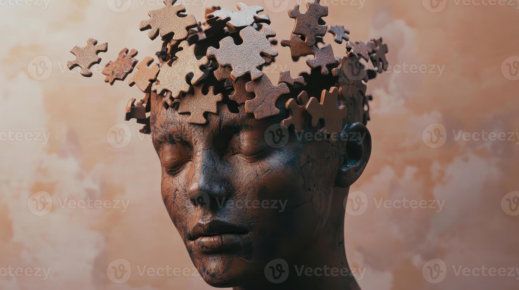 Artistic representation of a human head adorned with puzzle pieces conveying the complexity of thought and identity in a creative environment photo