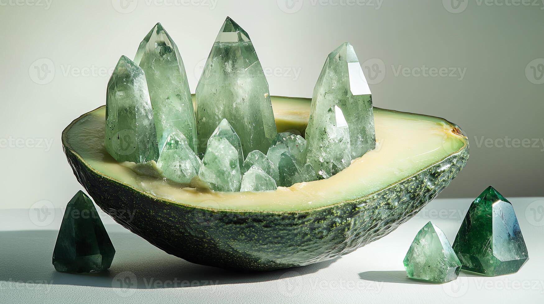Unique avocado reveals vibrant jade crystals showcasing natures contrast in a captivating arrangement on a soft lit backdrop photo