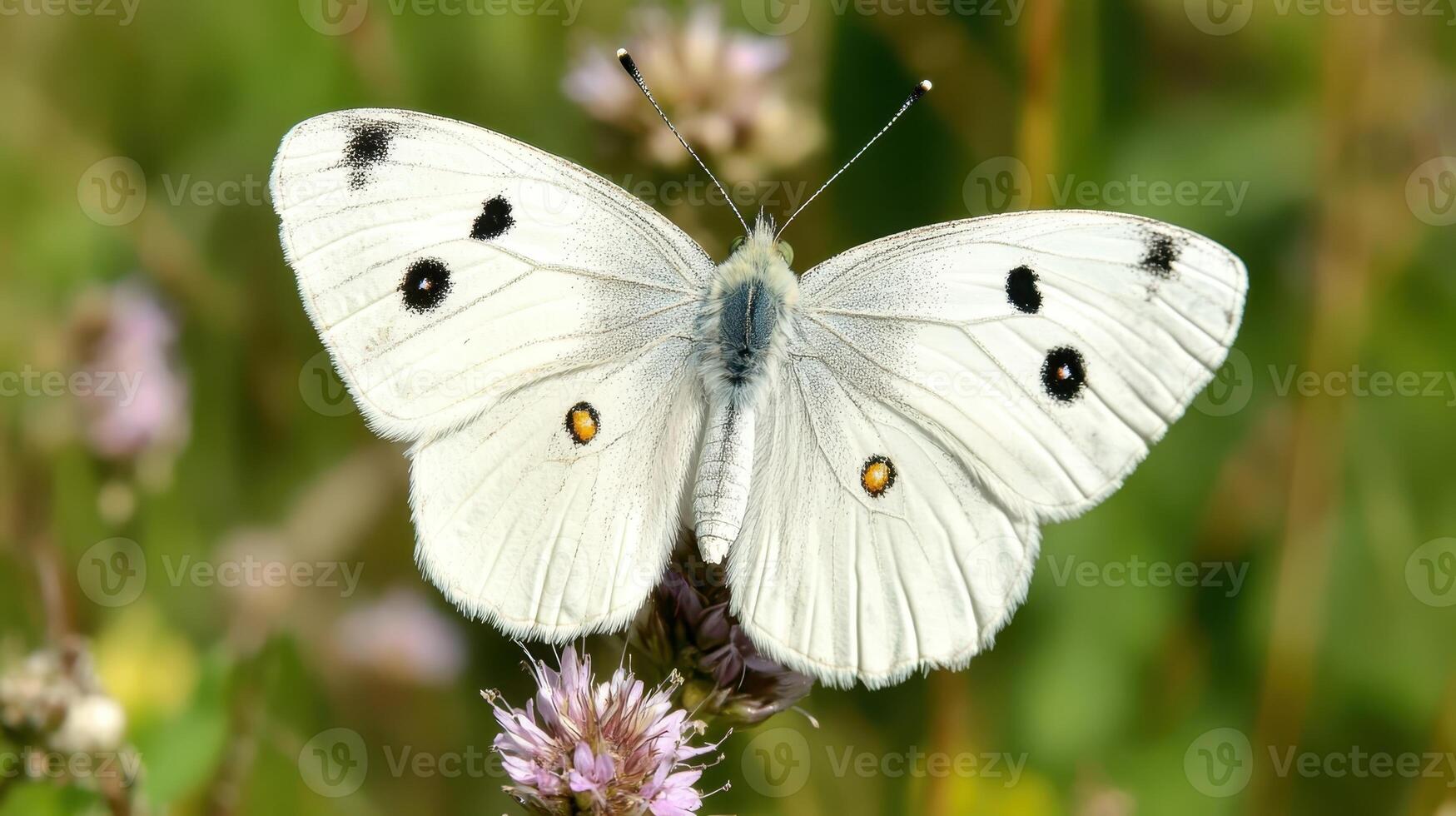 Beautiful white butterfly perched on a flower in a vibrant green garden during a sunny spring afternoon photo