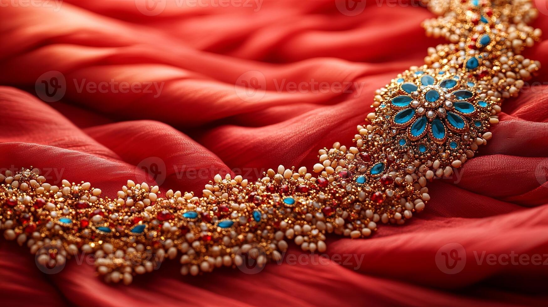 Celebrate Raksha Bandhan with an elegant Rakhi and rice grains on a rich red cloth background showcasing tradition and festive spirit photo