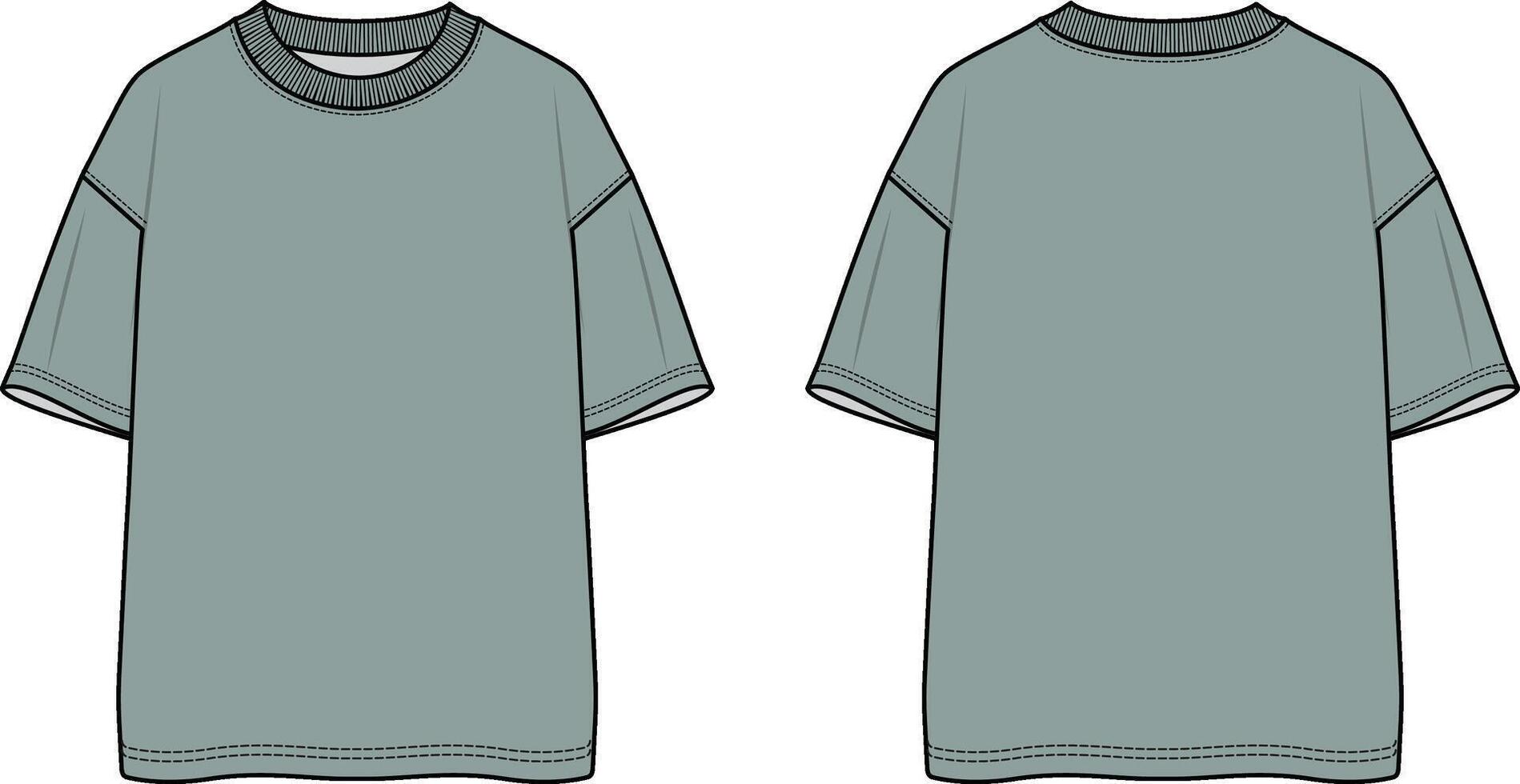Boys t shirt crew neck plain t shirt front and back view flat sketch illustration template. cad mockup. vector