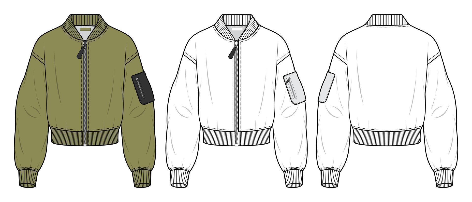 Women's Bomber Jacket - Olive Green Technical Flat Sketch and CAD Mockup vector