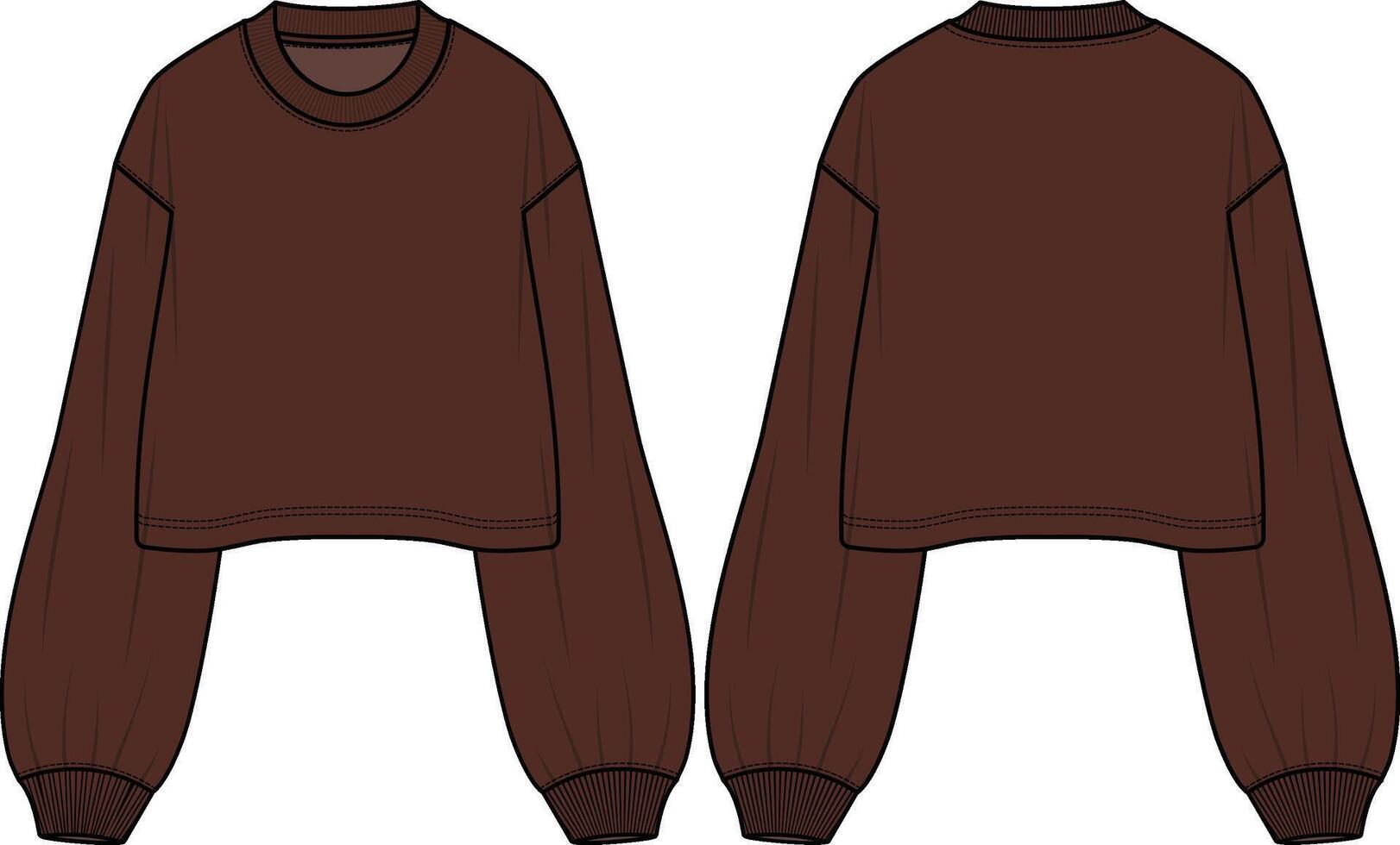 Women's Cropped Sweatshirt Long Sleeves Crewneck Technical Fashion Illustration. Crop Tops Oversized Fit Flat Apparel Sweat Template Front and Back. CAD mock-up. vector