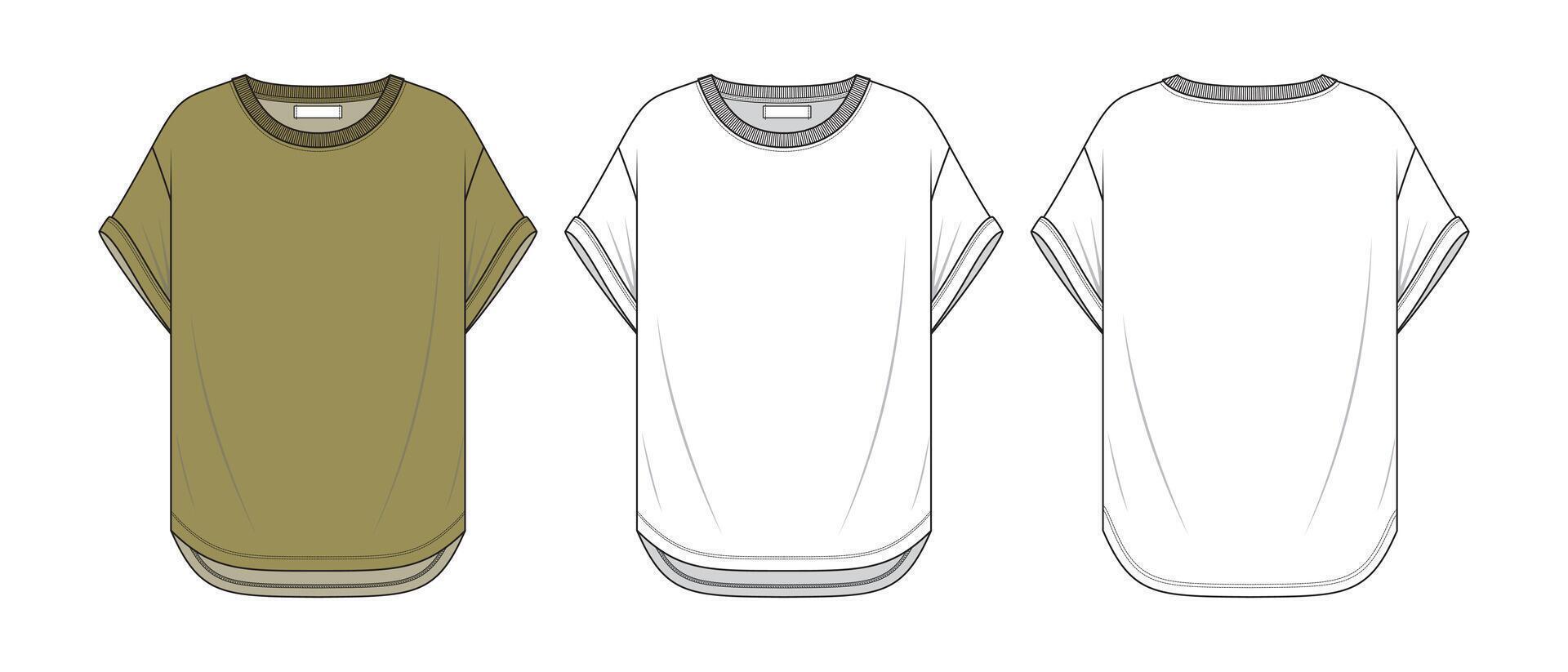 Women's and Teen Girls' Basic T-Shirt Technical Flat Sketch with Round Neck, Round Hem, and Folded Sleeves, Front and Back View. vector