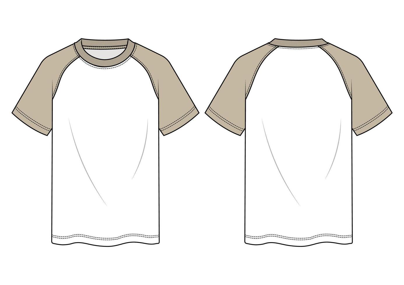 Men's t-shirt crew neck plain t-shirt front and back view flat sketch illustration template. cad mockup. vector