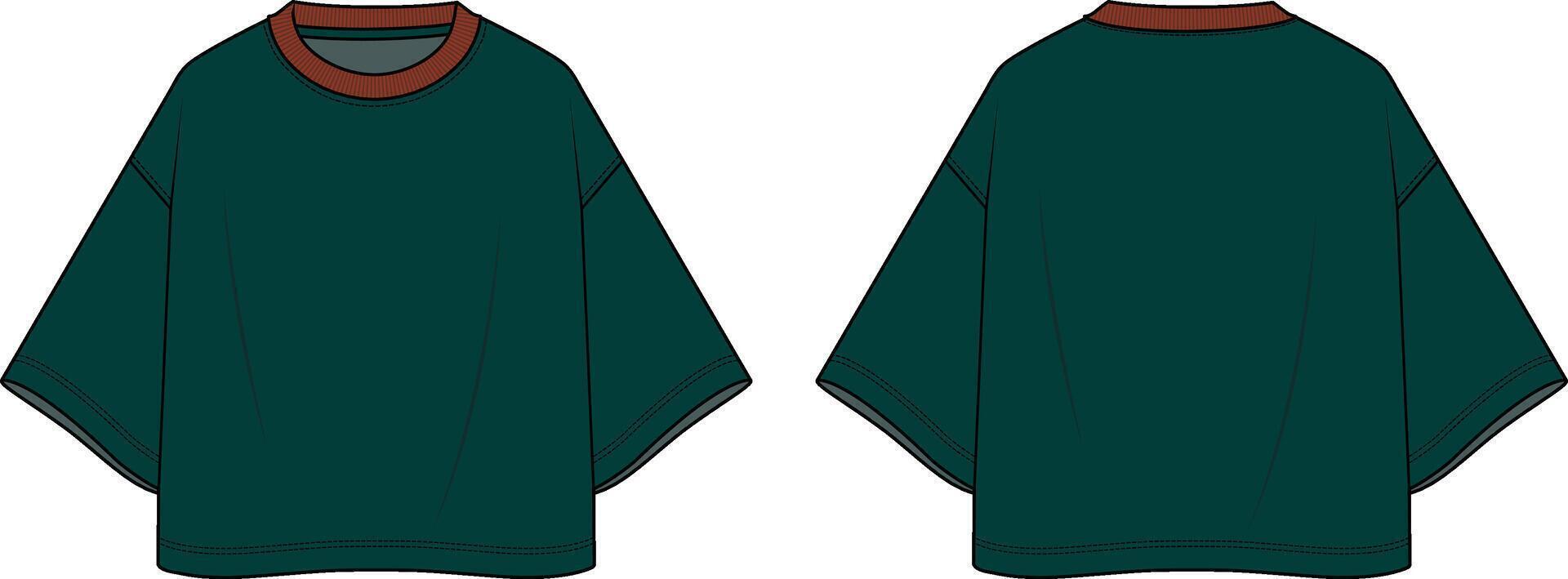 Drop-shoulder oversized women's T-shirt with a crew neck and short sleeves. Flat sketch illustration template for the front and back. vector