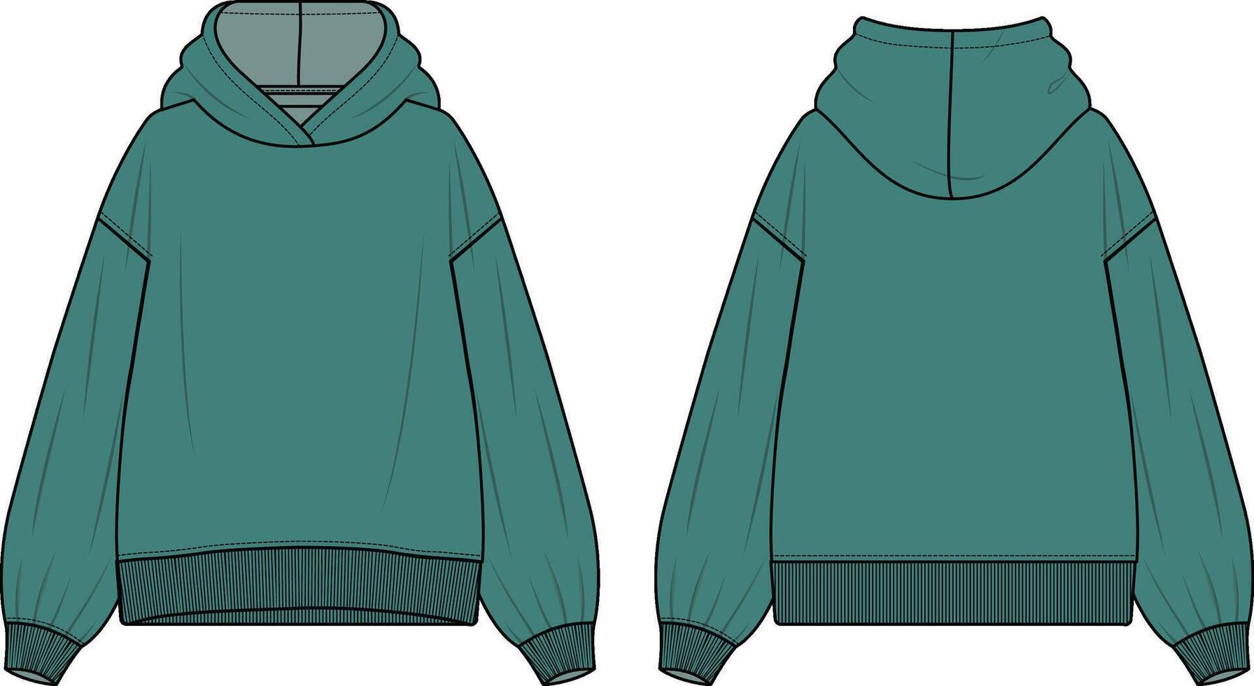 Oversized Women Hooded Sweatshirt design fashion flat sketch template. Hoodie without pockets, front and back view flat sketch illustration template. cad mockup. vector