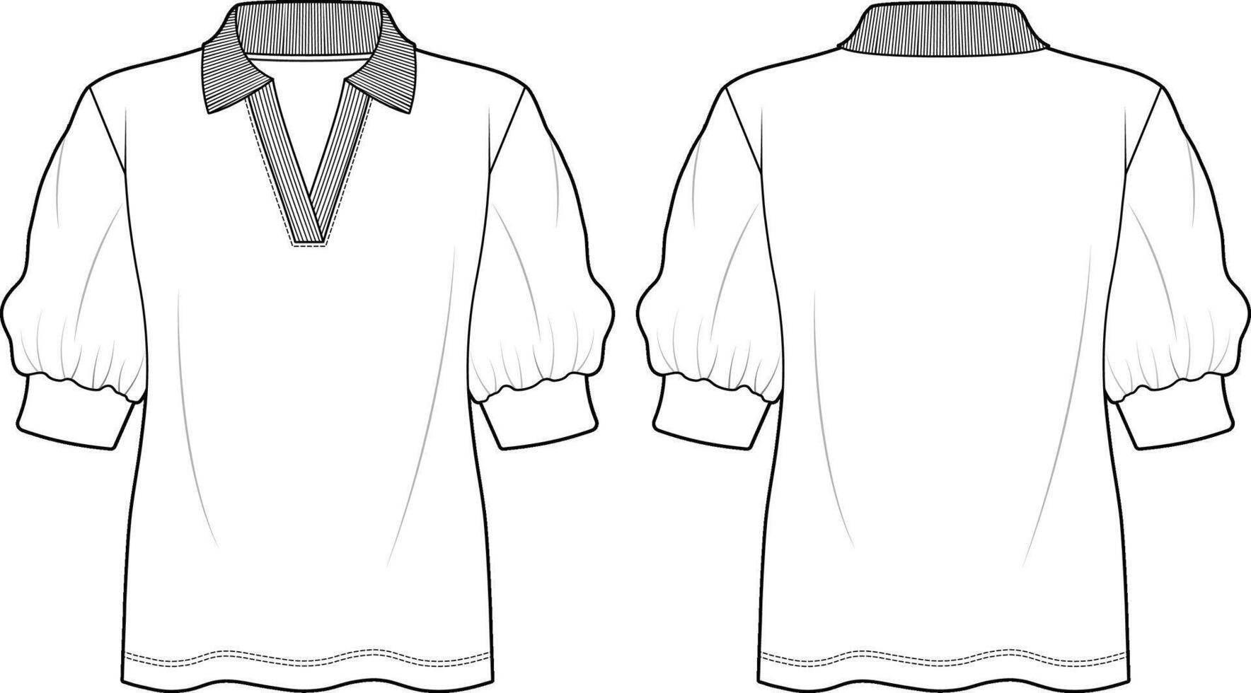 DROP SHOULDER PUFF SLEEVES V-NECK TOP DESIGN FOR WOMEN. Flat Drawing Front and Back View Technical Fashion Illustration. vector