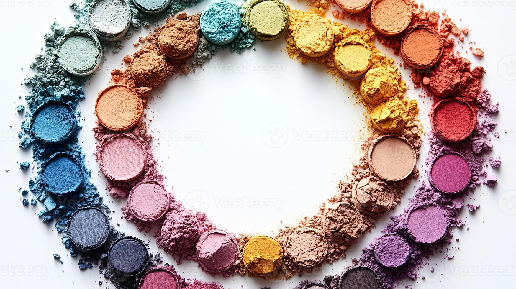 Colorful arrangement of powdered pigments in a circular pattern showcasing a range of vibrant hues on a clean white surface photo