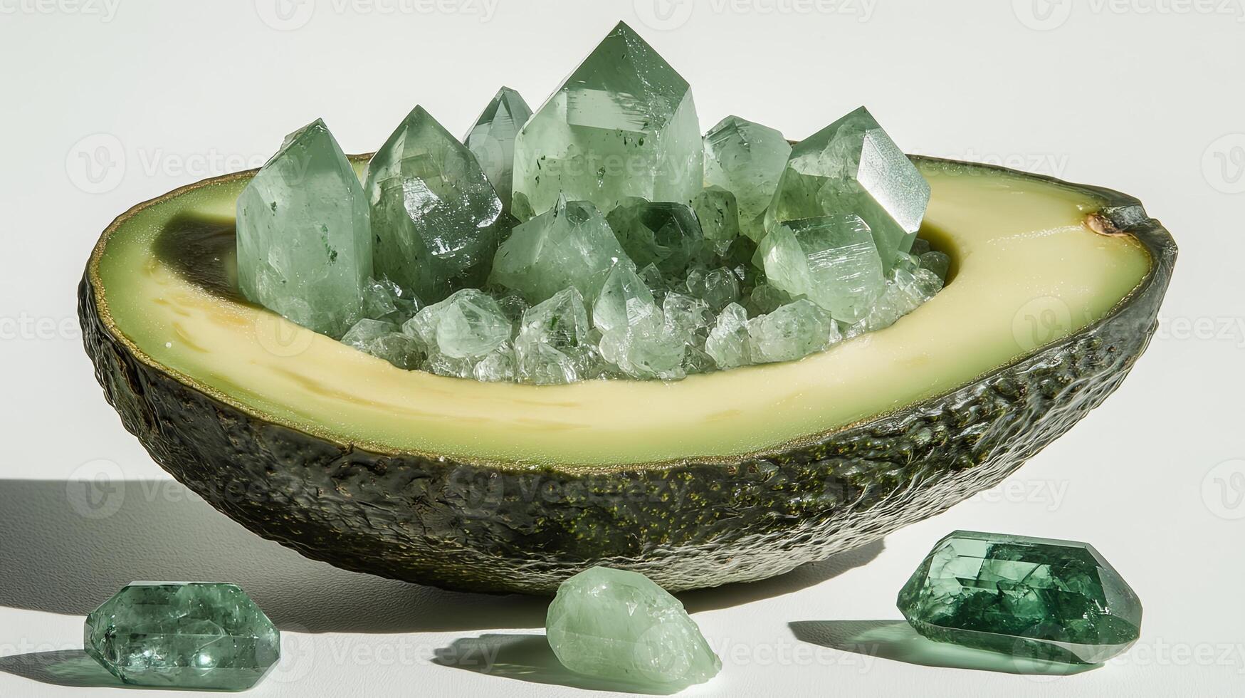 Bright jade crystals nestled in a vibrant avocado half revealing a stunning contrast of textures and colors with emerald accents against a clean white background photo