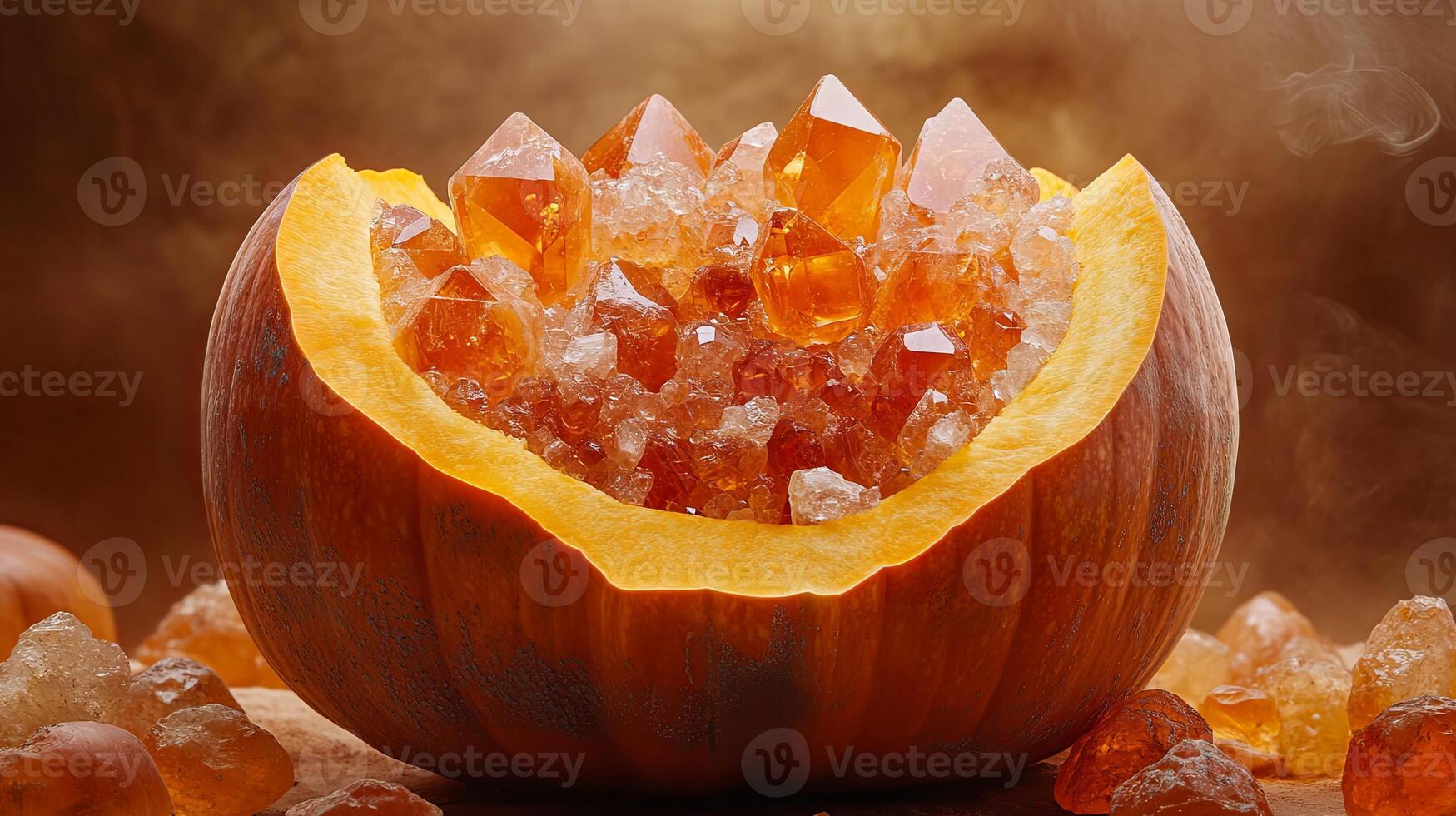 Vibrant pumpkin reveals orange carnelian crystals creating a stunning contrast with warm gems scattered nearby in soft studio light photo