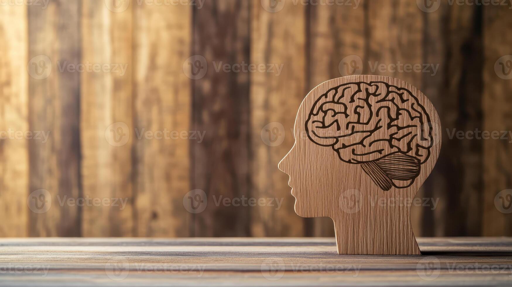 Wooden brain sculpture designed to represent cognitive processes located on a rustic table against a textured wooden backdrop photo