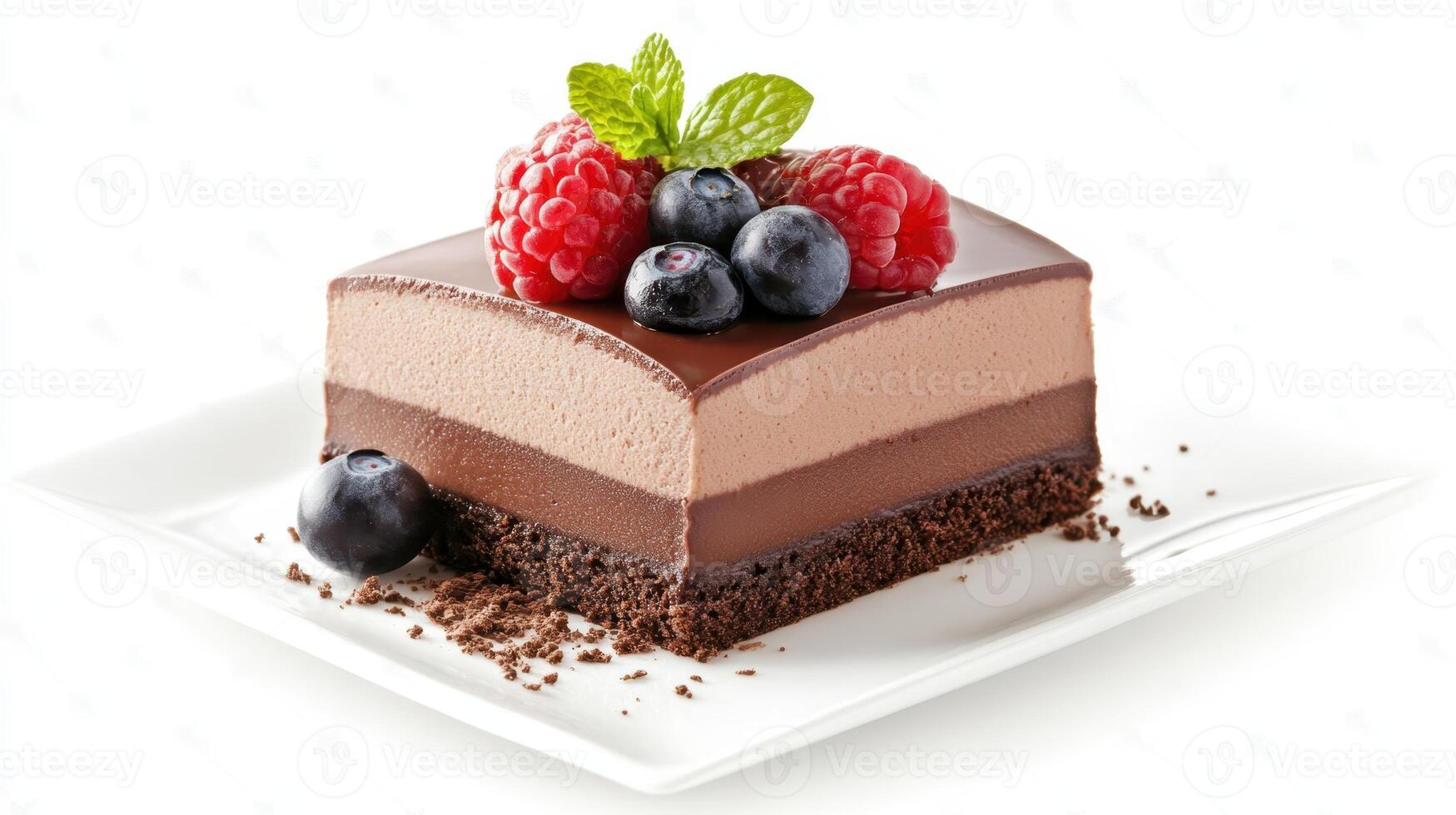 Indulge in a delectable chocolate dessert that features luscious layers of creamy mousse, perfectly complemented by fresh, vibrant berries, all elegantly presented on a pristine white plate photo