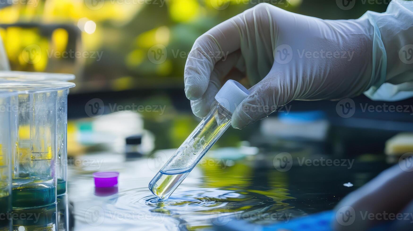 Scientists conduct water quality testing using test tubes and lab equipment in a natural setting under sunlight photo