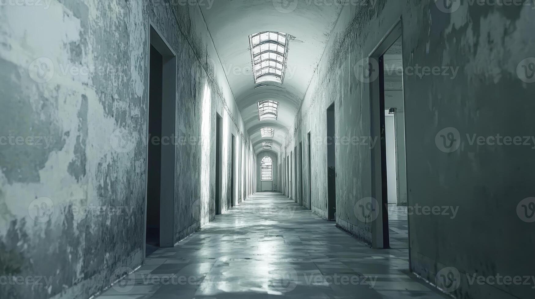 Long, deserted corridor in an abandoned building with peeling walls and arched windows casting shadows in the dim light photo