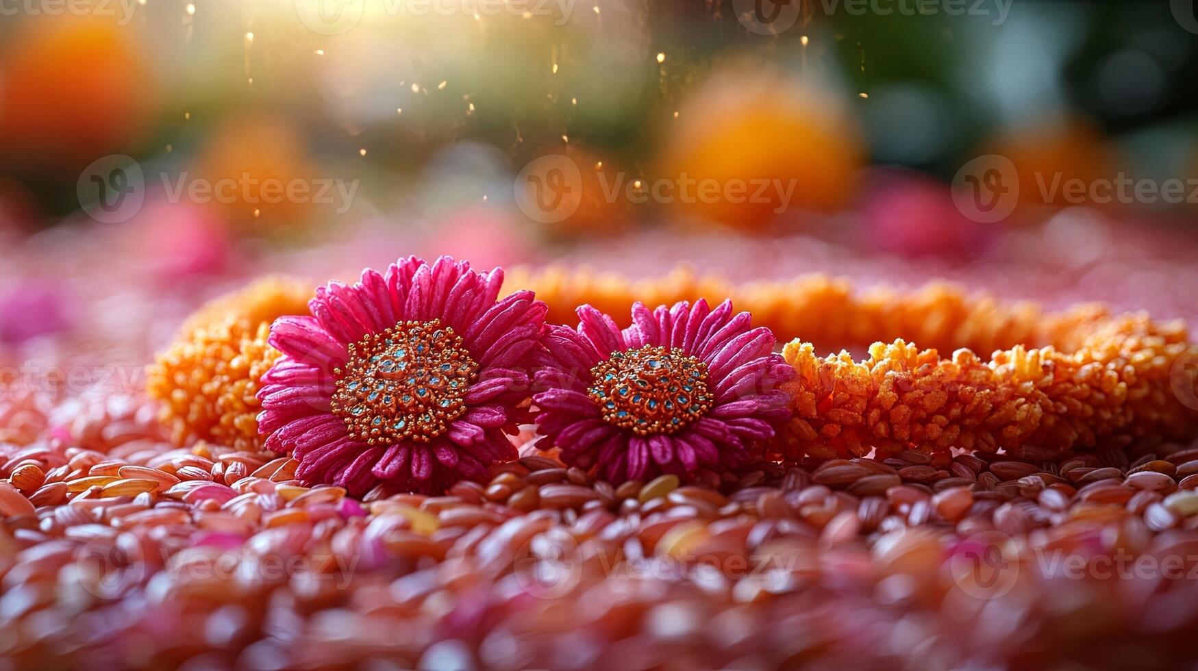 Celebration of Raksha Bandhan with colorful Rakhi adorned with flowers and rice grains symbolizing sibling love in Indian tradition photo