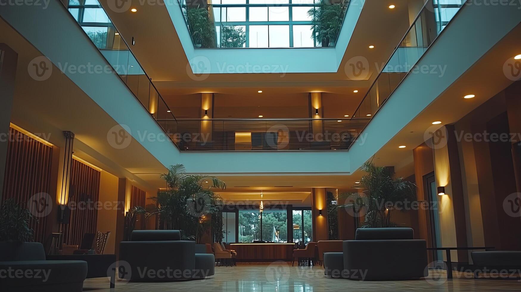 Modern lobby showcasing spacious design with natural light and greenery in a contemporary building during late afternoon hours photo