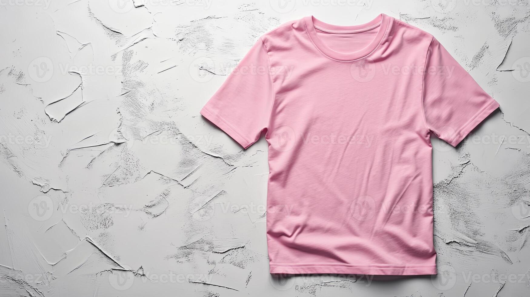 Bright pink t shirt displayed on textured white surface from a top view highlighting its color and fabric quality photo