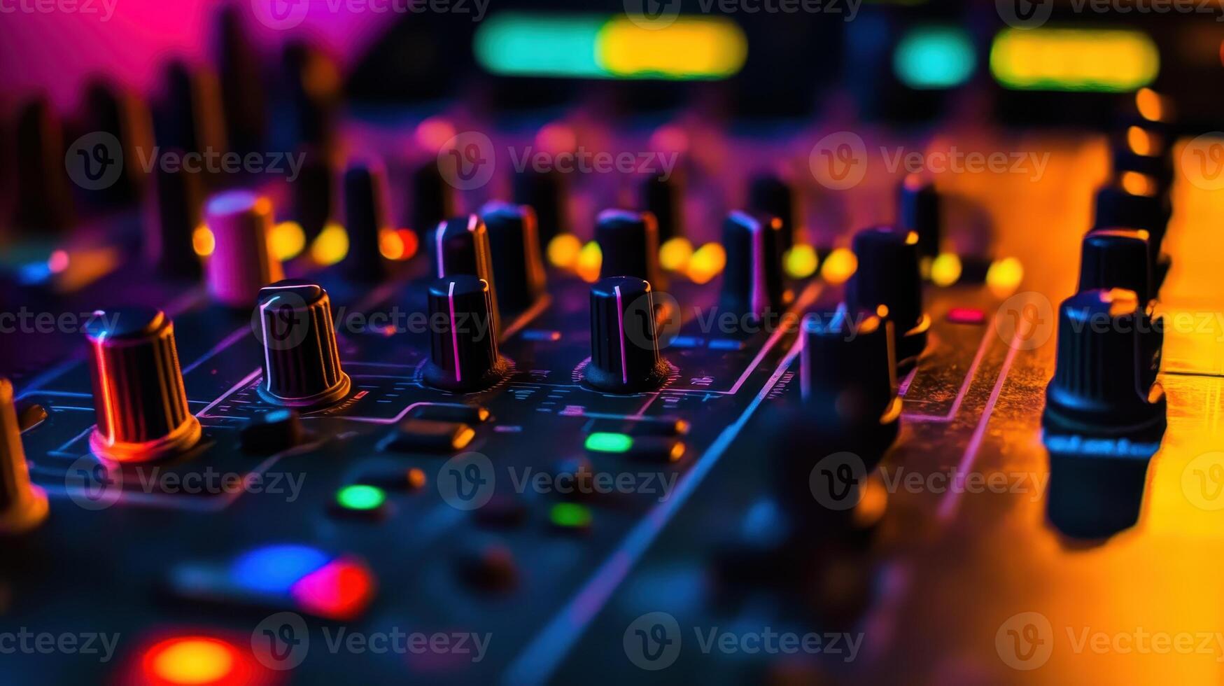 Colorful close-up of a professional audio mixer highlighting knobs and buttons in a vibrant music studio at nighttime photo