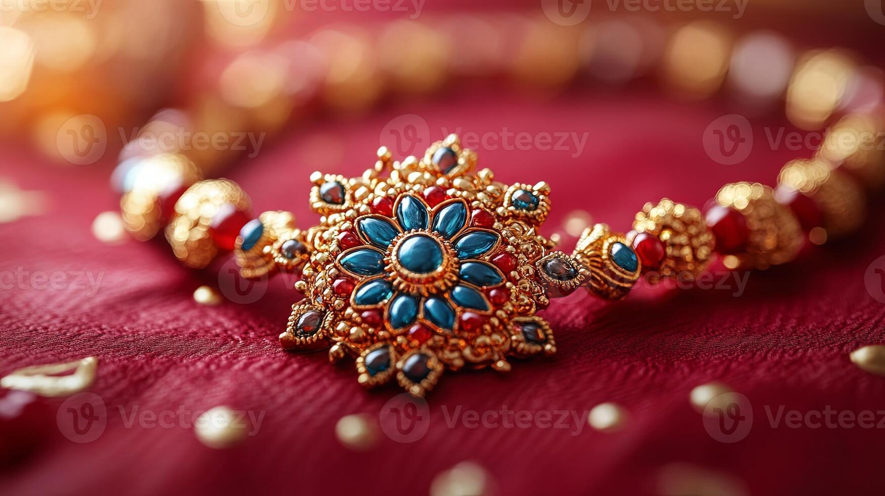 Celebration of Raksha Bandhan with a vibrant Rakhi showcasing intricate designs on a rich red background representing sibling love photo