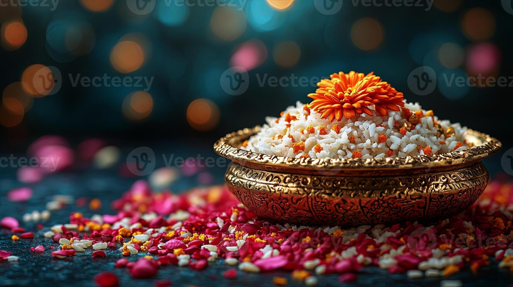 Colorful rakhi with kumkum and rice displayed beautifully for the celebration of raksha bandhan festival photo