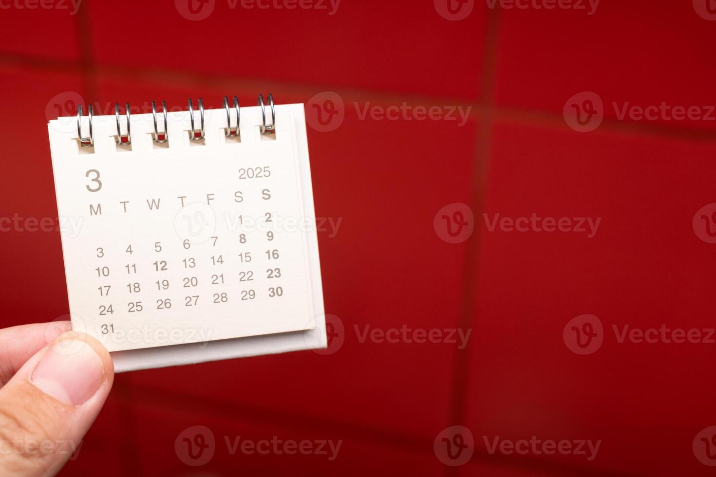 Desk Calendar for MARCH 2025 background. Calendar concept with 2025 MAR calendar on red background. photo