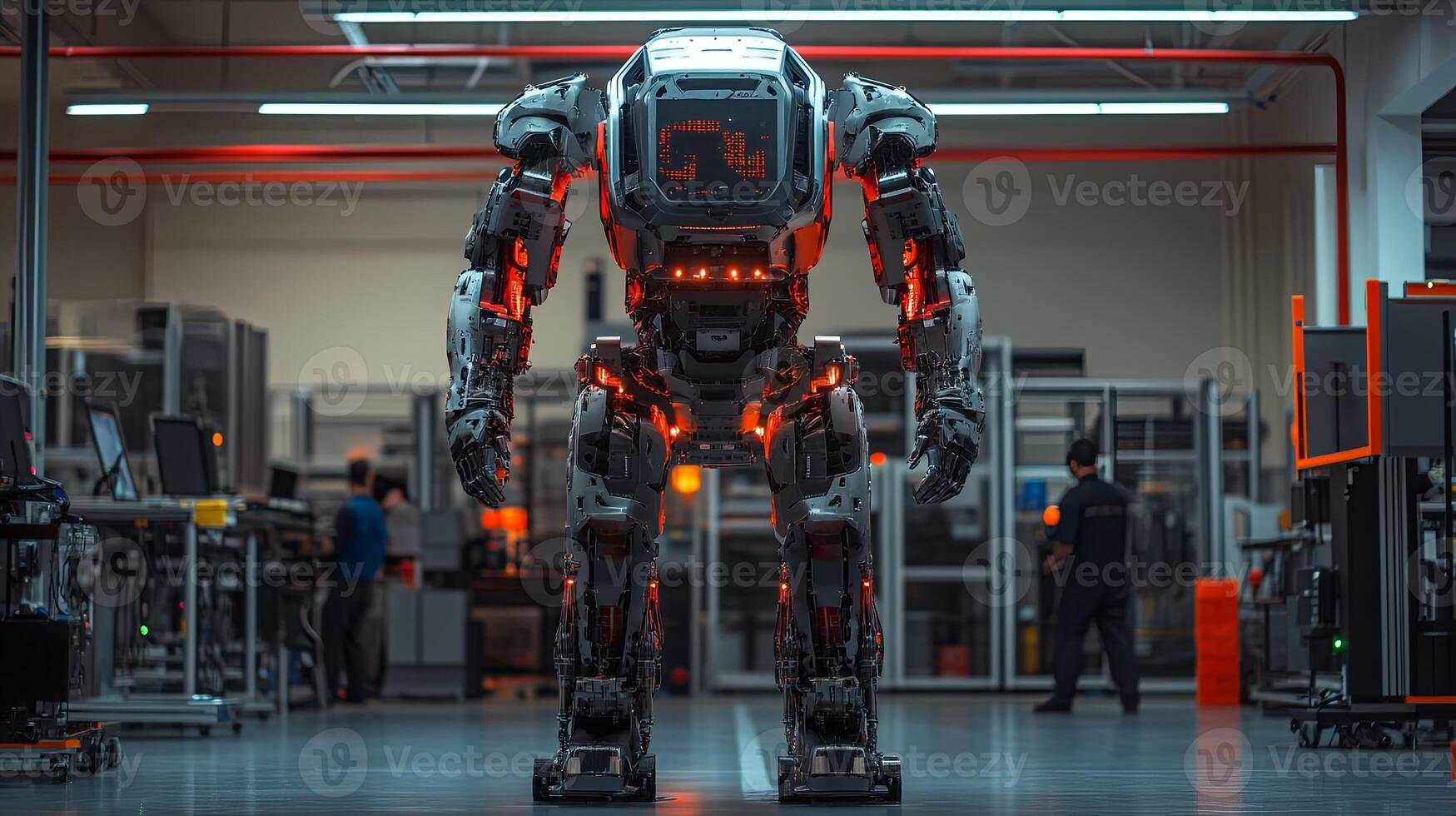 Robot prototype stands in a modern workshop filled with engineers and advanced technology in a futuristic setting during daylight hours photo