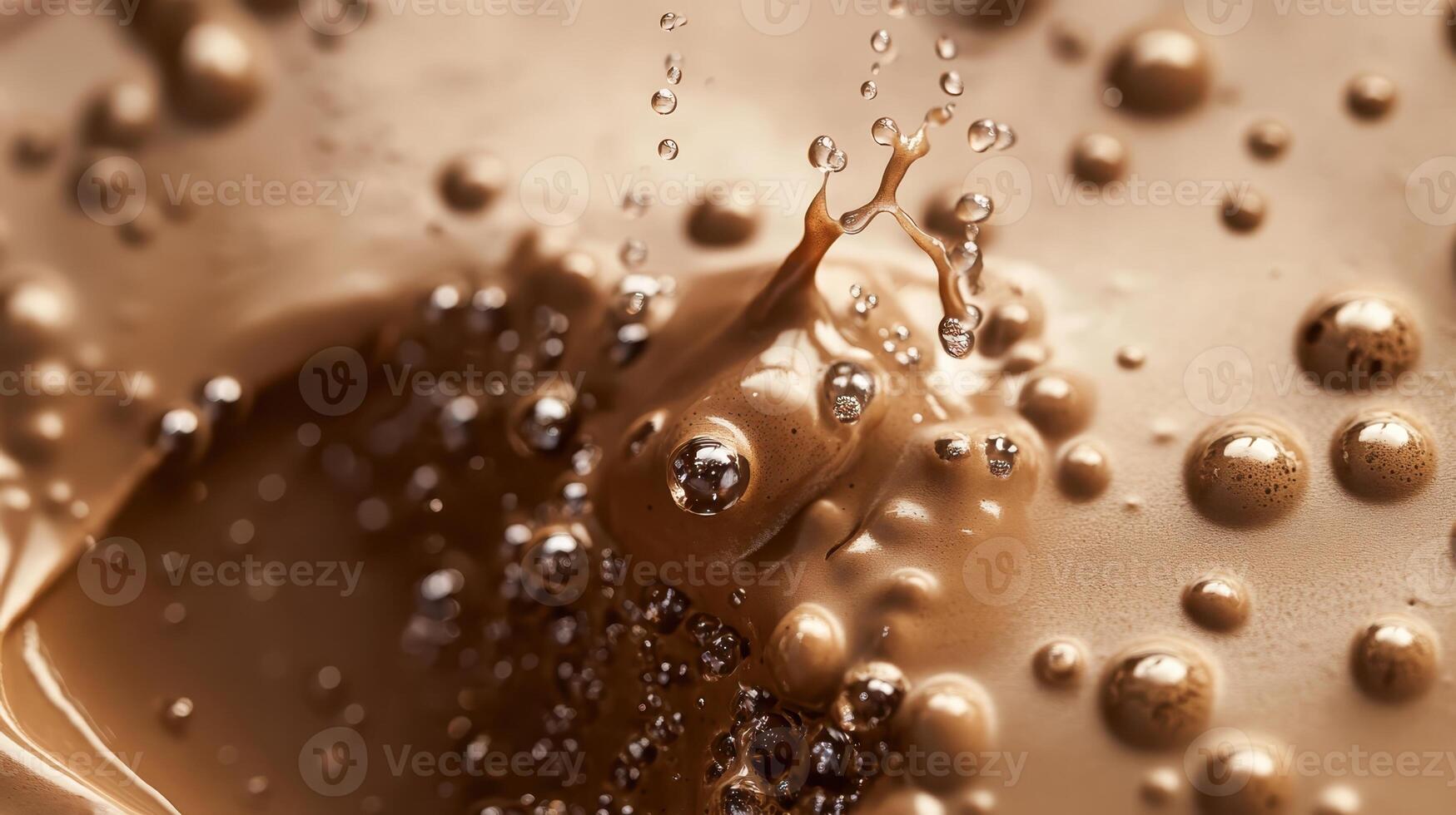 Chocolate liquid splashes create dynamic drops in a close-up shot, emphasizing texture and motion in the indulgent dessert photo