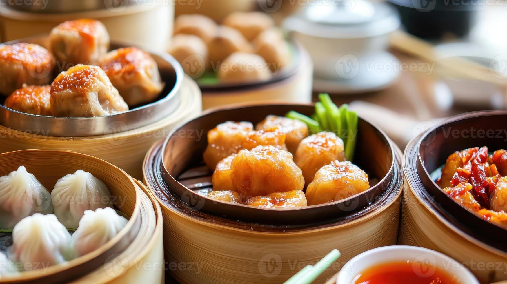 A diverse selection of dim sum dishes is elegantly presented in bamboo steamers at a lively, bustling restaurant during the vibrant lunchtime hours photo
