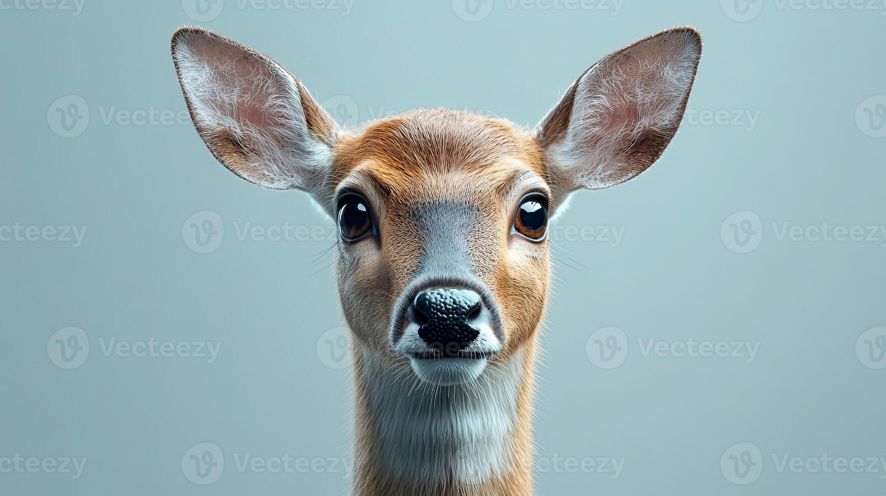 Close-up of a young deer with large expressive eyes in a neutral background highlighting its delicate features and curious expression photo