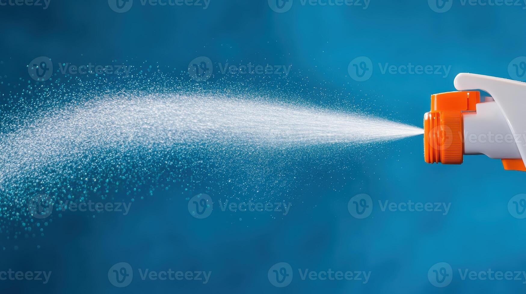 Spray nozzle releasing fine mist against a blue backdrop, showcasing the effectiveness of a cleaning tool during use in a household setting photo