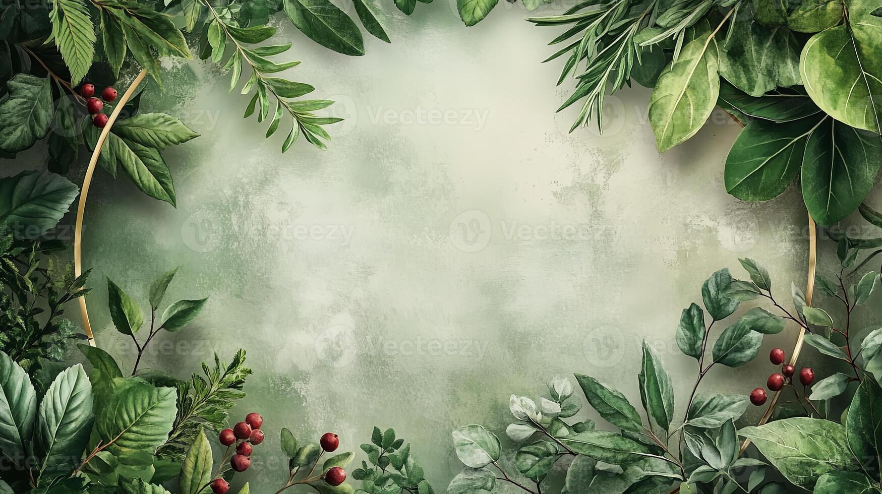 Lush greenery creates a vibrant natural frame against a soft textured backdrop for design and decoration purposes photo